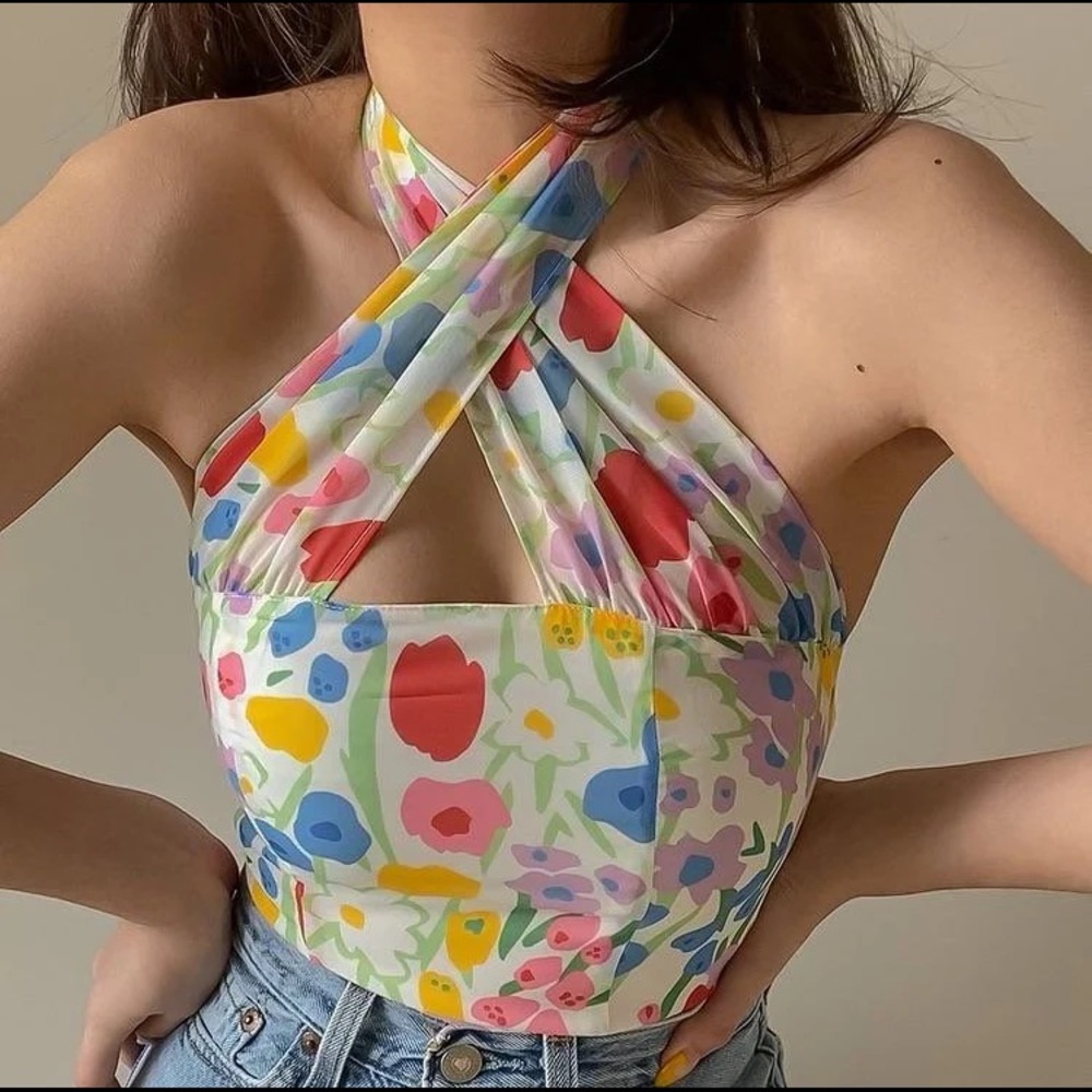 With jean tulip top in garden party